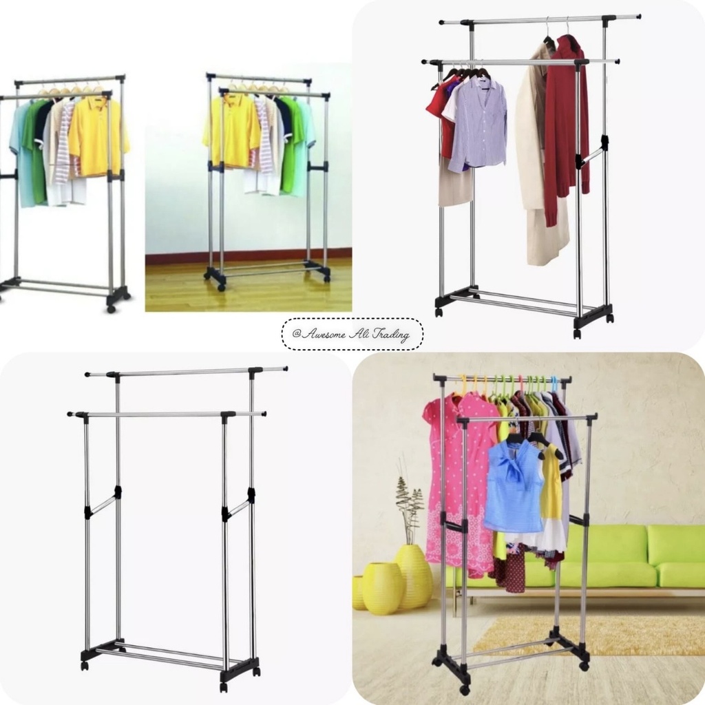 Double pole clothes rack movable